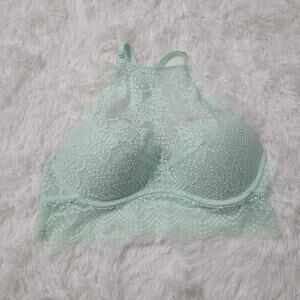 PINK Victoria's Secret Womens Sz L Mint Light Green Push Up High Neck Lace Bra